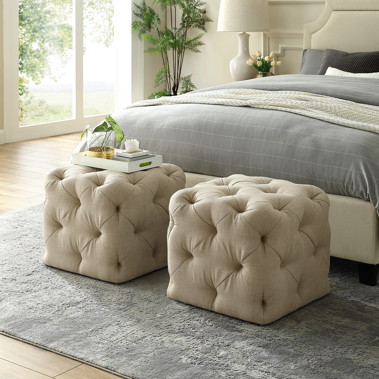 Genevieve Linen/Velvet Tufted Upholstered Cube Storage Ottoman, 1 Piece